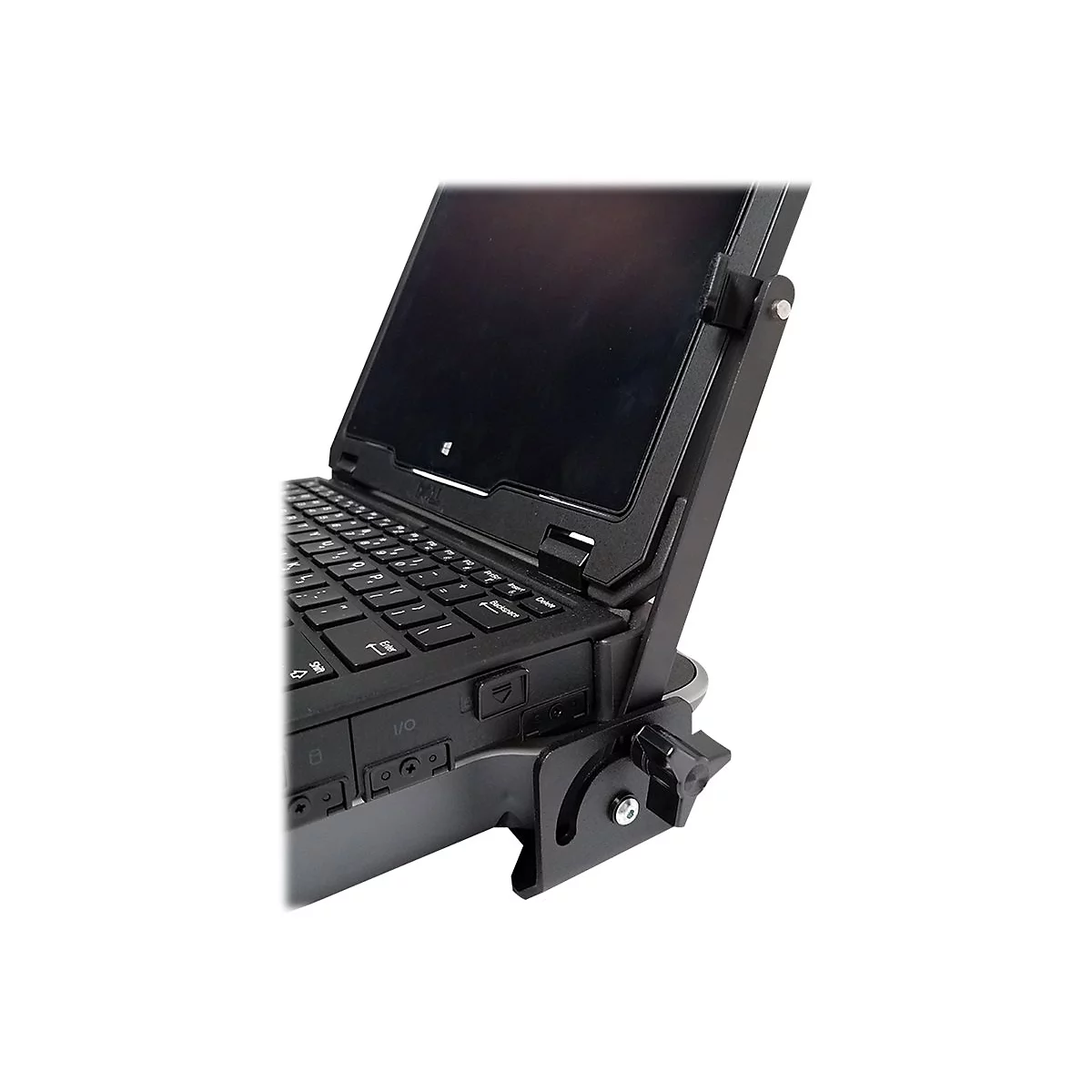 Nahaufnahme eines robusten Laptops in einer speziellen schwarzen Halterung mit Drehknopf.
