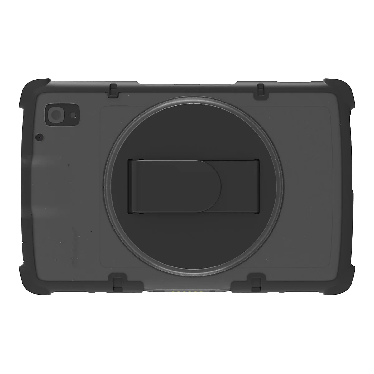 Dos d'une tablette noire avec module caméra, support et étui de protection.