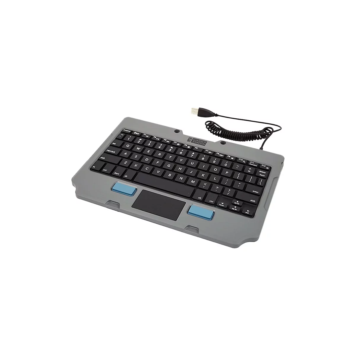 Graue Tastatur mit schwarzen Tasten, blauem Touchpad und Verbindungskabel.