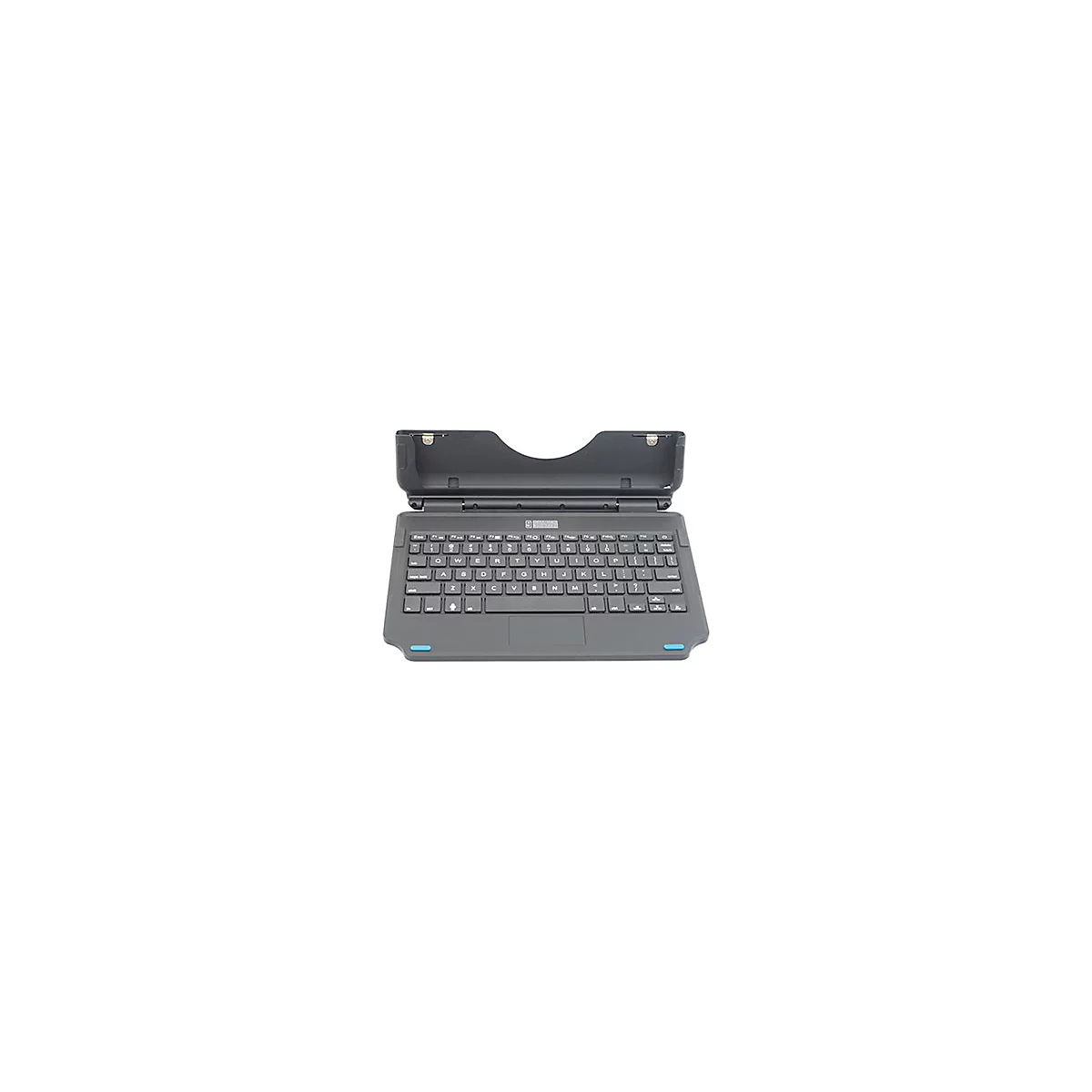 Dunkelgraue Tastatur mit aufgeklapptem Deckel, Tastenbeschriftung, Touchpad, blaue Akzente.