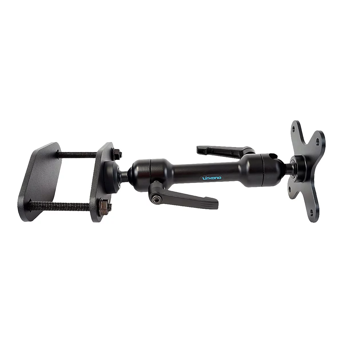 Schwarze Monitorhalterung, bestehend aus mehreren Gelenken und Halterungen. Der Name "irkona" ist auf dem Arm zu sehen.