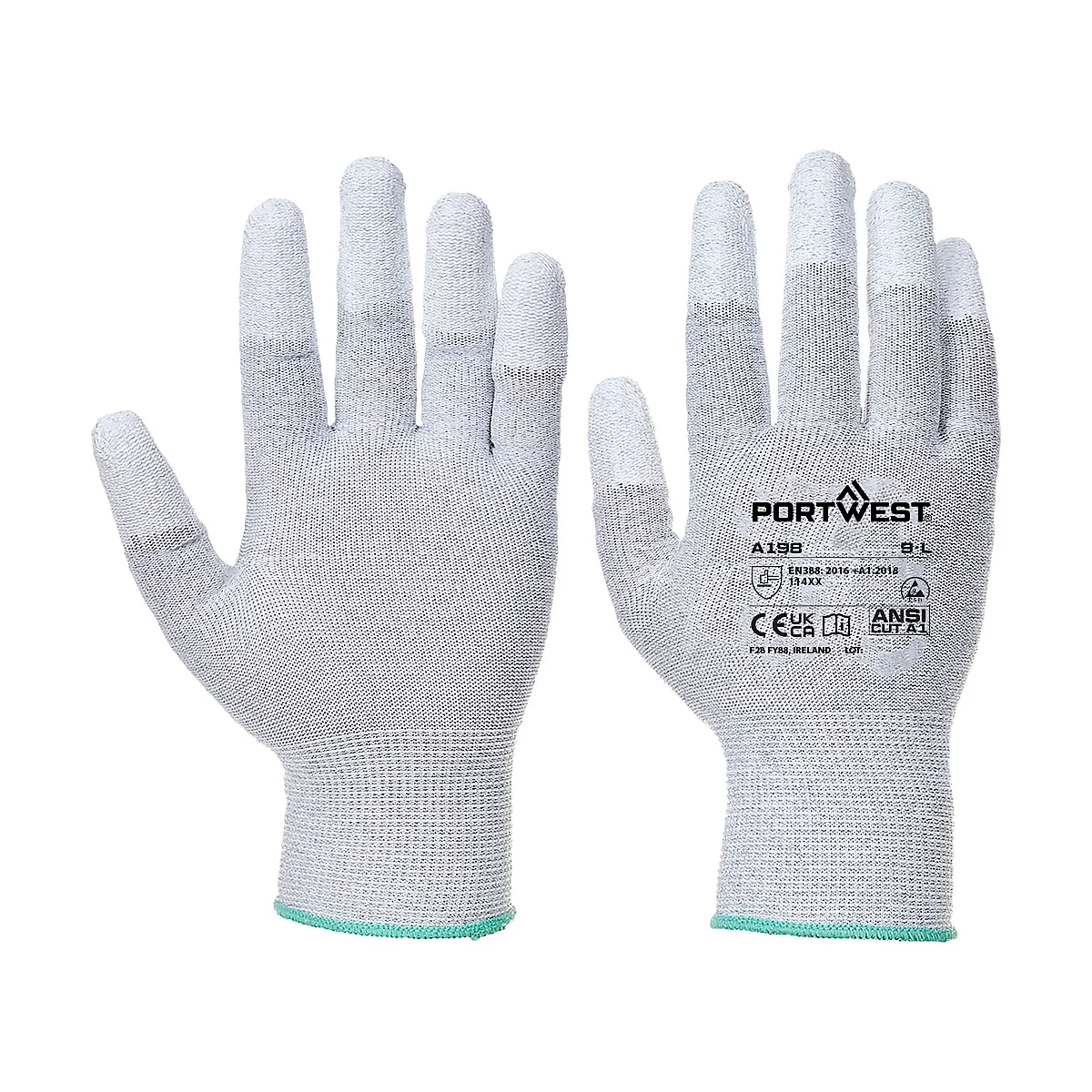 Deux gants gris avec des bouts de doigts blancs. Le logo Portwest est visible sur un gant.