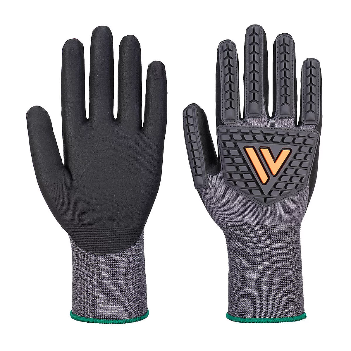Gants de travail noirs : poignet gris, logo orange, paume noire avec des clous.