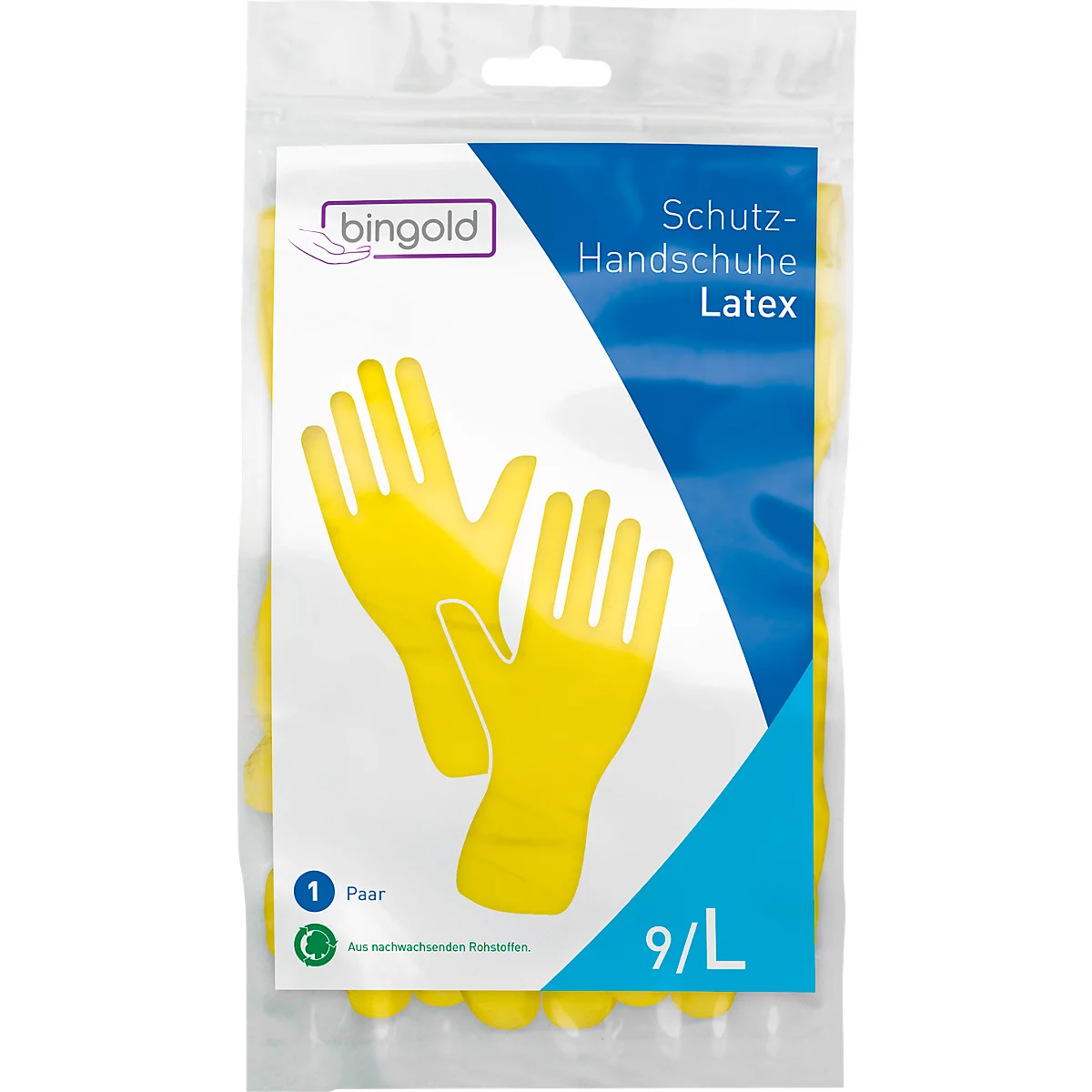 Gants de protection en latex jaune dans un emballage transparent, avec impression et logo.
