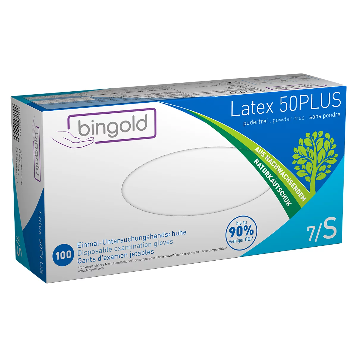 Gants de protection BINGOLD Latex 50PLUS, à usage unique, non poudrés et chlorés, latex, couleur naturelle, taille S, 100 pièces
