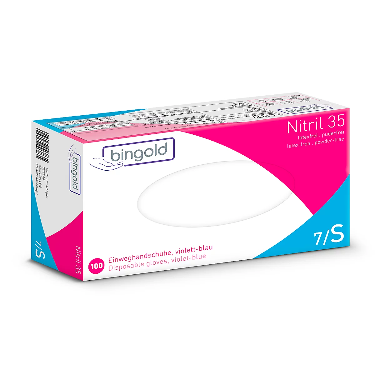Gants de protection BINGOLD Nitrile 35, usage unique, bouts des doigts microtexturés, non poudrés, nitrile, bleu violet, taille S, 100 pièces