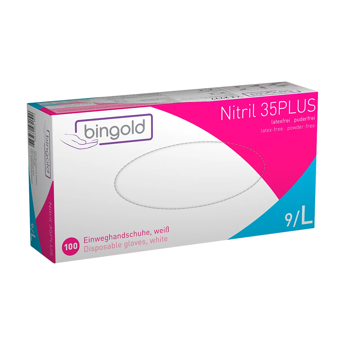 Boîte blanche avec l'inscription "bingold Nitril 35PLUS". En dessous se trouve "Gants jetables, blanc".