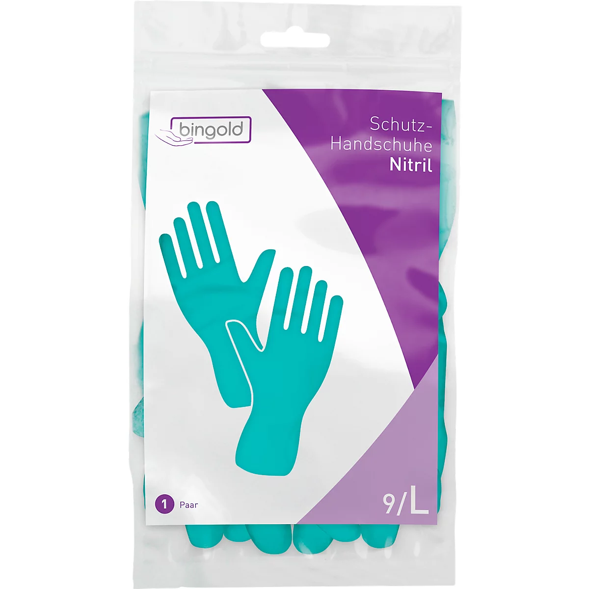 Emballage avec des gants en nitrile bleus. Inscription : 'Schutz-Handschuhe Nitril'.