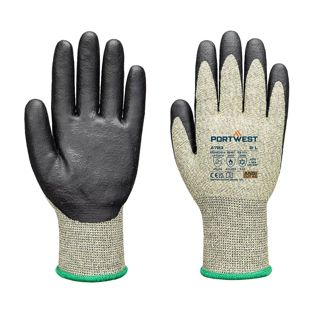 Deux gants de travail : noir/beige, paume noire, poignets beiges avec bord vert. Texte : Portwest, symboles de sécurité.