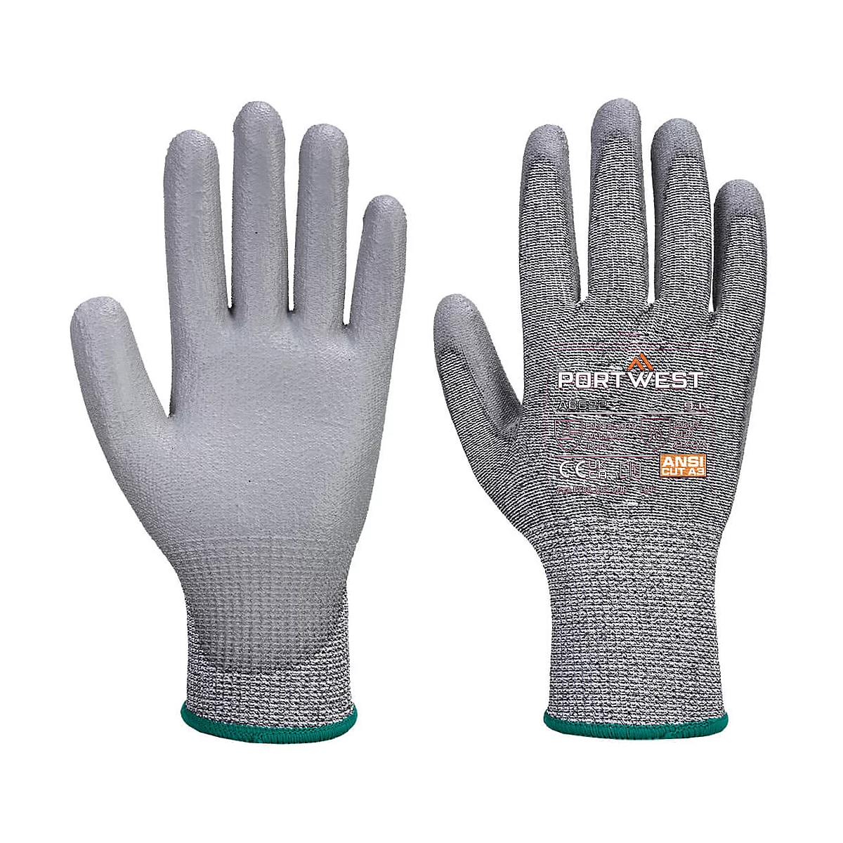 Deux gants de protection gris côte à côte. L'un montre la paume, l'autre le dos avec le logo.