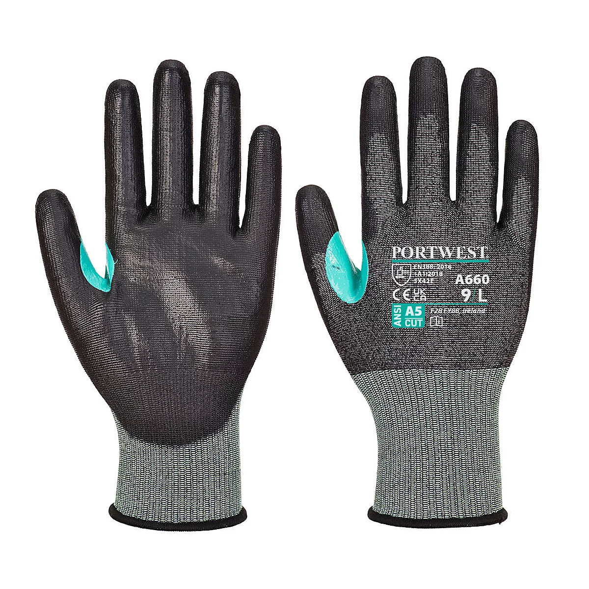 Deux gants de travail noirs avec des accents verts et une marque. Les paumes sont grises, le poignet est vert.