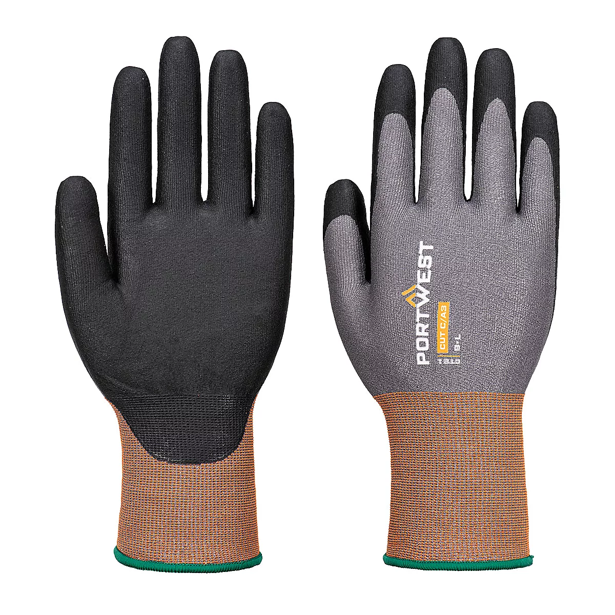 Deux gants de travail : noirs, gris, orange et verts. Le gant droit porte l'inscription : Portwest.