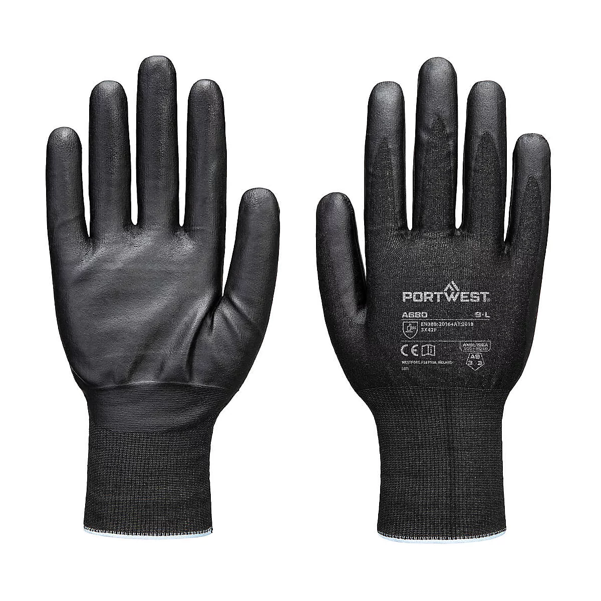 Deux gants de travail noirs avec poignets en tricot. Le gant droit montre l'impression de la marque Portwest.
