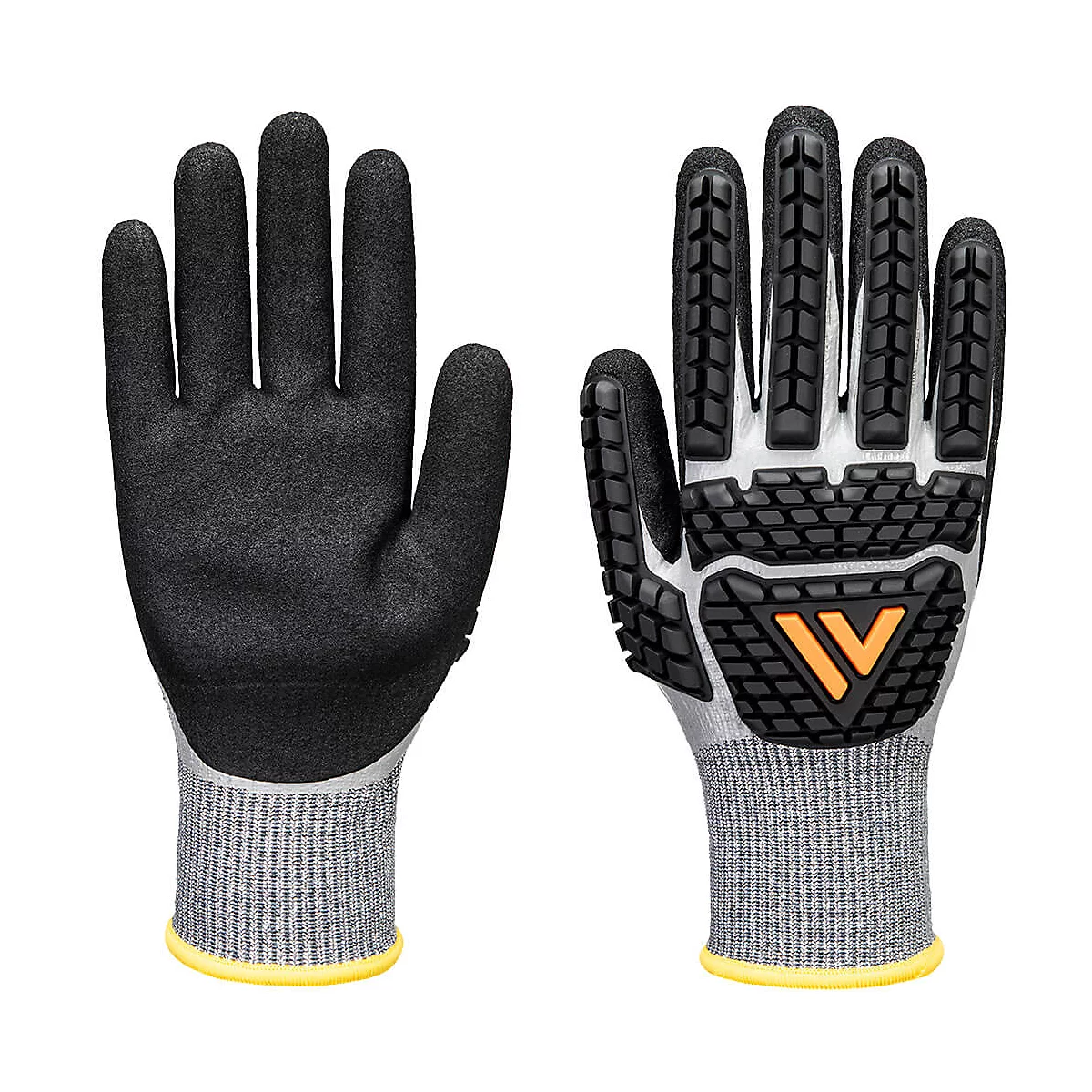 Deux gants de travail noirs avec des poignets gris et des ourlets jaunes. L'un montre la paume, l'autre le dos avec protection.