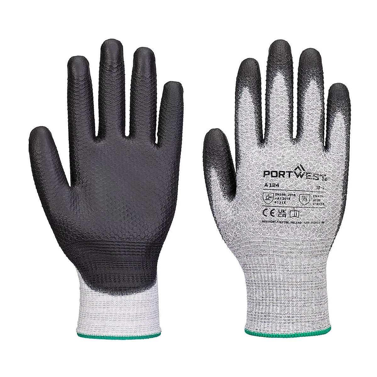 Deux gants de travail : noirs avec intérieur gris et poignet blanc avec bord vert.