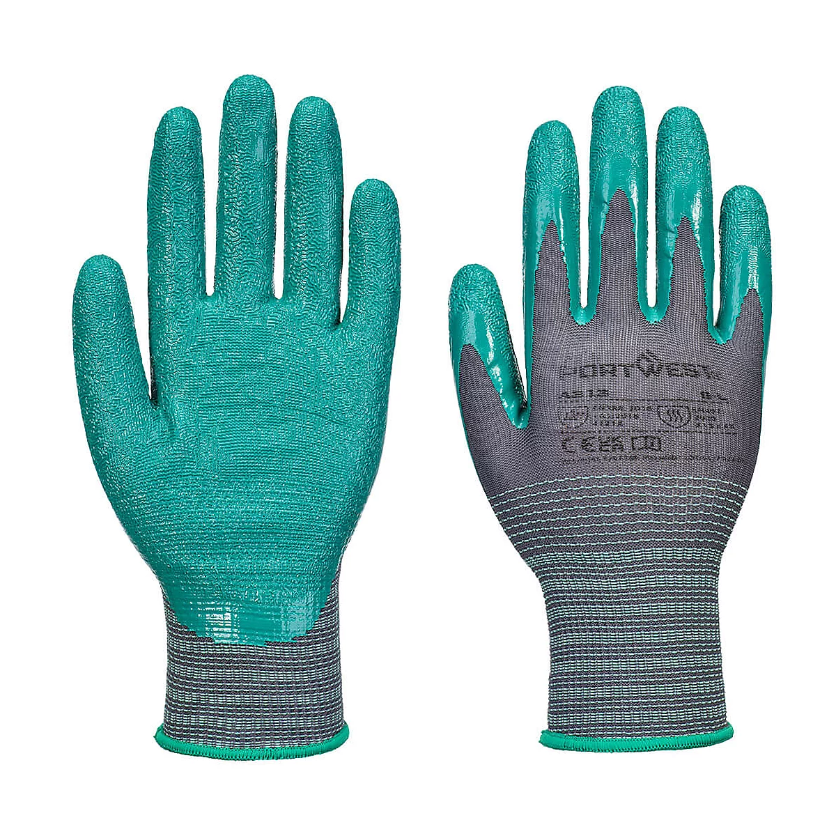 Deux gants de travail verts et gris. L'un montre la paume, l'autre le dos avec une étiquette.