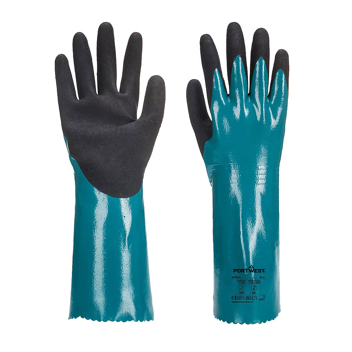 Deux gants de protection bleus avec paume, poignet et logo noirs.
