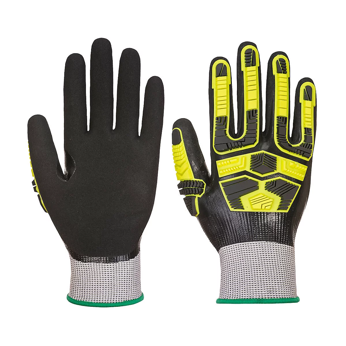 Deux gants de travail noirs avec renforts jaunes et poignets gris.