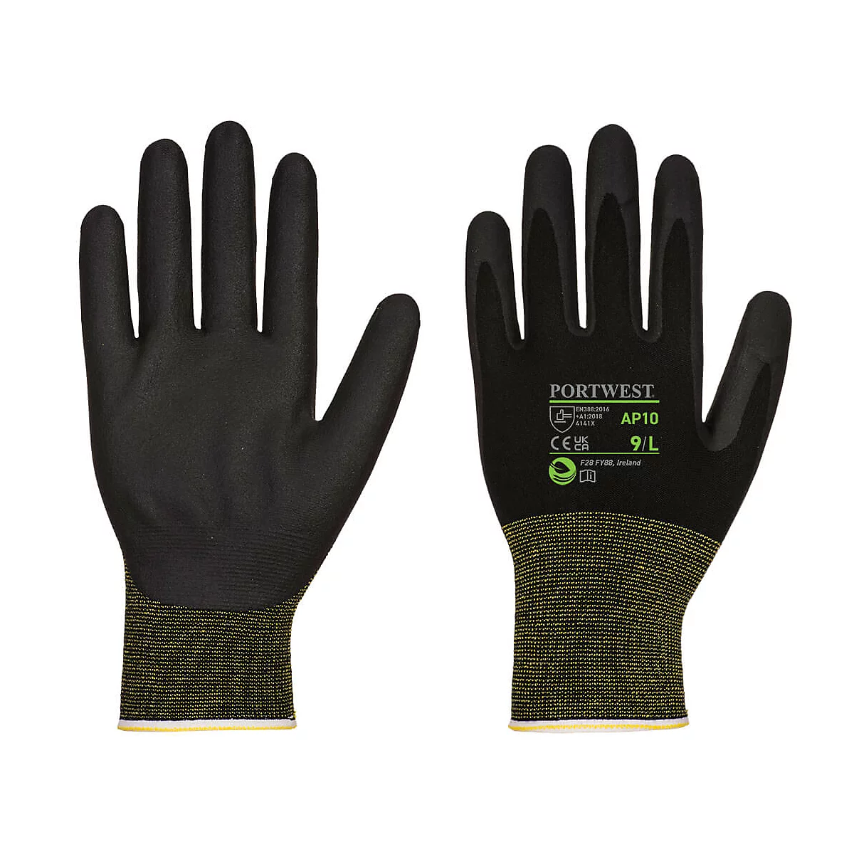 Deux gants de travail noirs avec poignets jaunes. L'un dit "Portwest AP10 9/L".