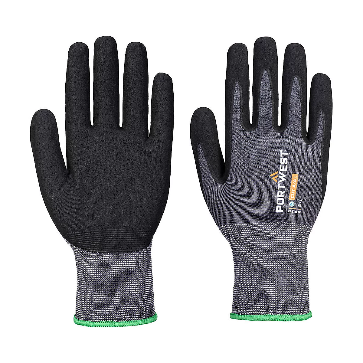 Deux gants de travail noirs, l'un posé paume vers le bas, l'autre montrant la paume.