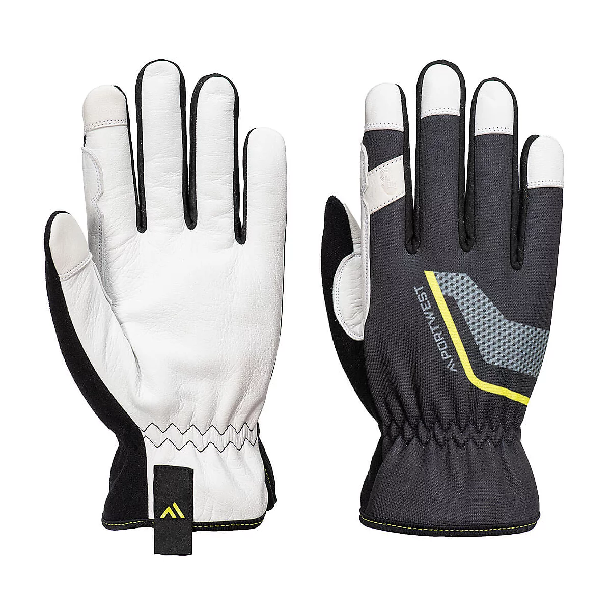 Deux gants de travail : cuir blanc, inserts noirs, touches de jaune. Il est écrit "A PORTWEST" sur l'un.