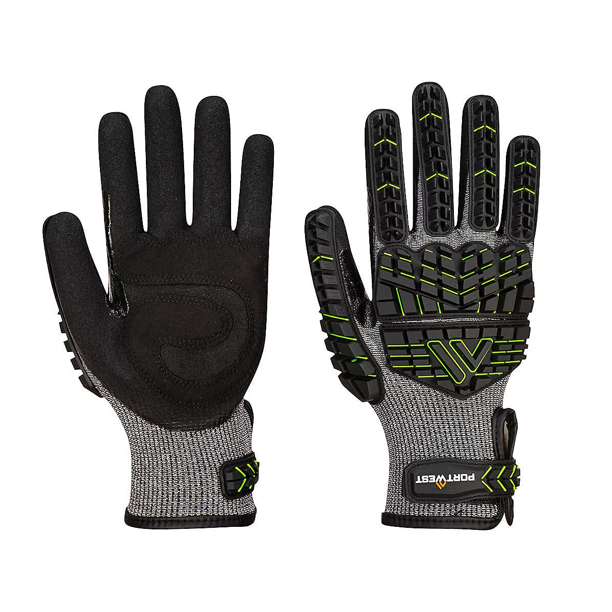 Deux gants de travail gris et noirs avec des détails verts. Le logo "Portwest" est visible sur le poignet.