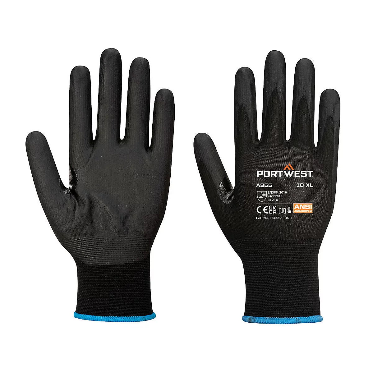 Gants noirs, marque Portwest. Manchette avec bord bleu. Inscription : A355, 10-XL, CE, ANSI.