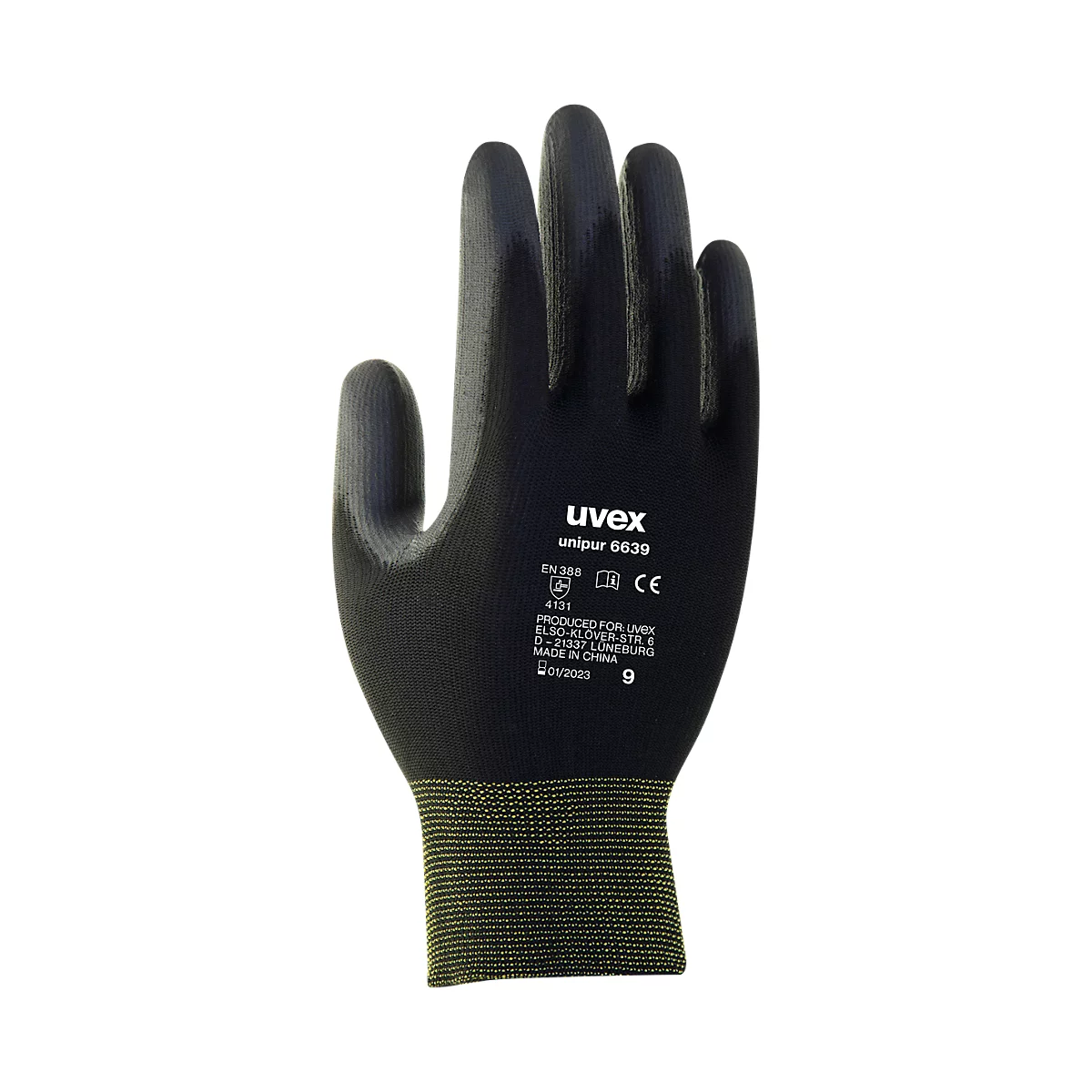 Gant de travail noir Uvex, paume et doigts noirs, poignets rayés jaune-vert.
