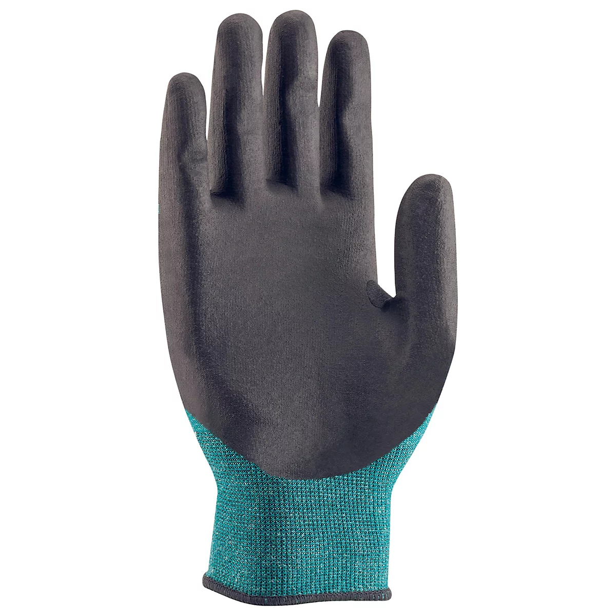 Un gant noir avec un poignet vert sur fond blanc.
