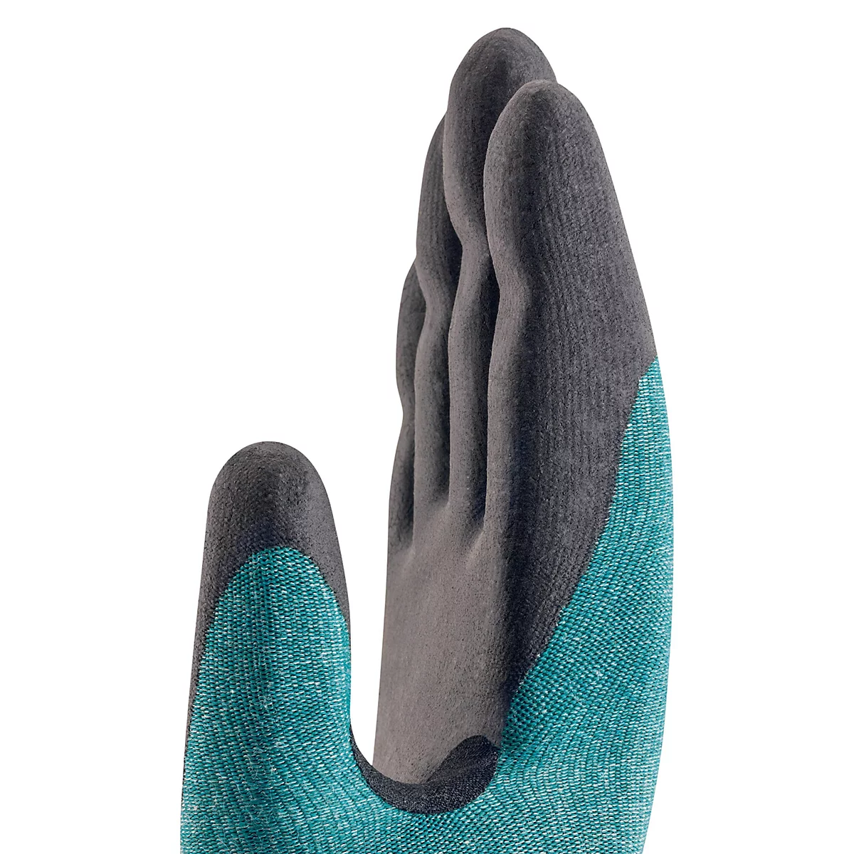 Gros plan d'un gant gris et turquoise couvrant la main.