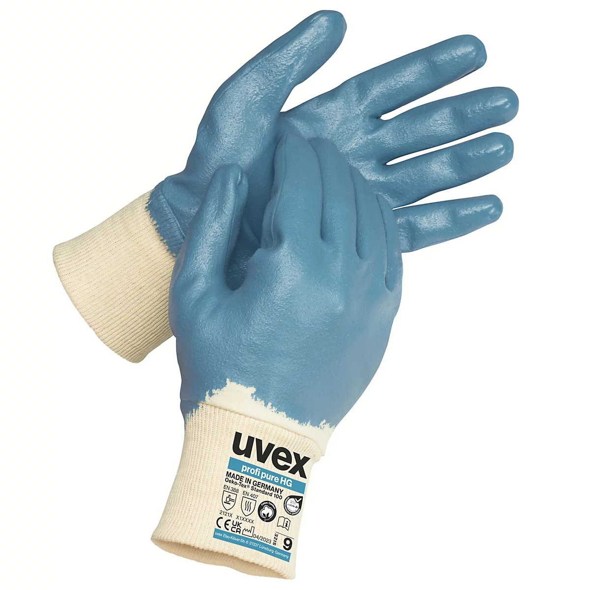 Deux gants de travail bleus sur fond blanc, paumes vers le haut. Les poignets sont crème, avec un nom de marque bleu.