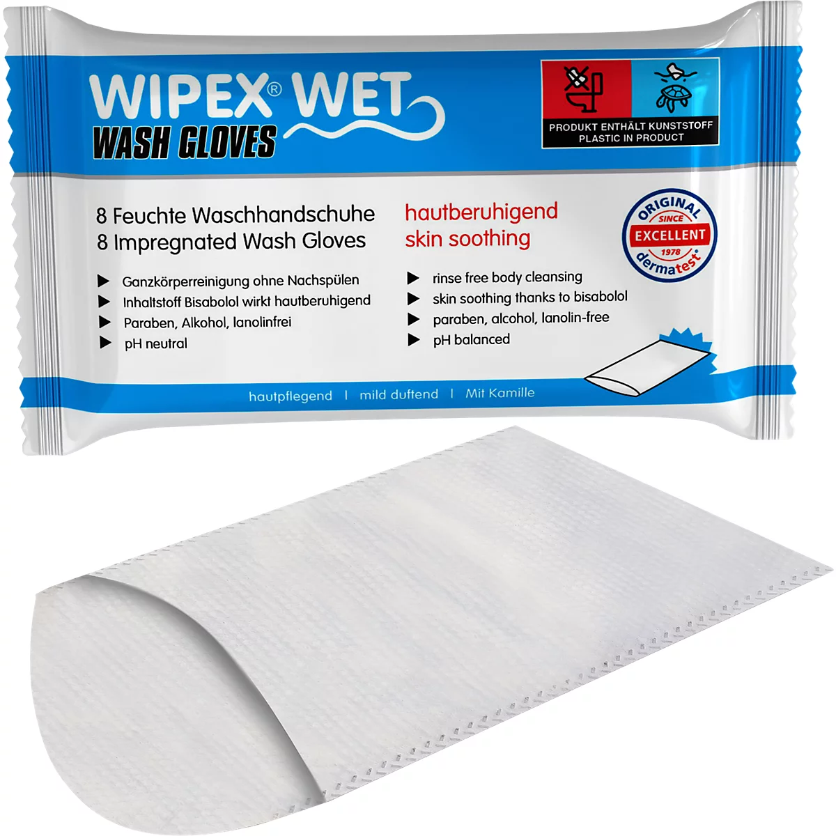 Emballage des gants de toilette WIPEX WET avec un seul gant en dessous. Emballage bleu et blanc avec informations sur le produit.