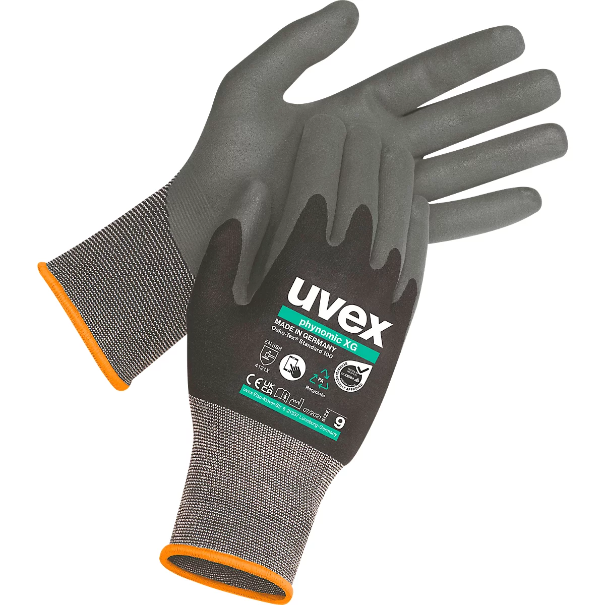 Deux gants de protection gris avec paume noire et finition orange. L'un d'eux dit "uvex".