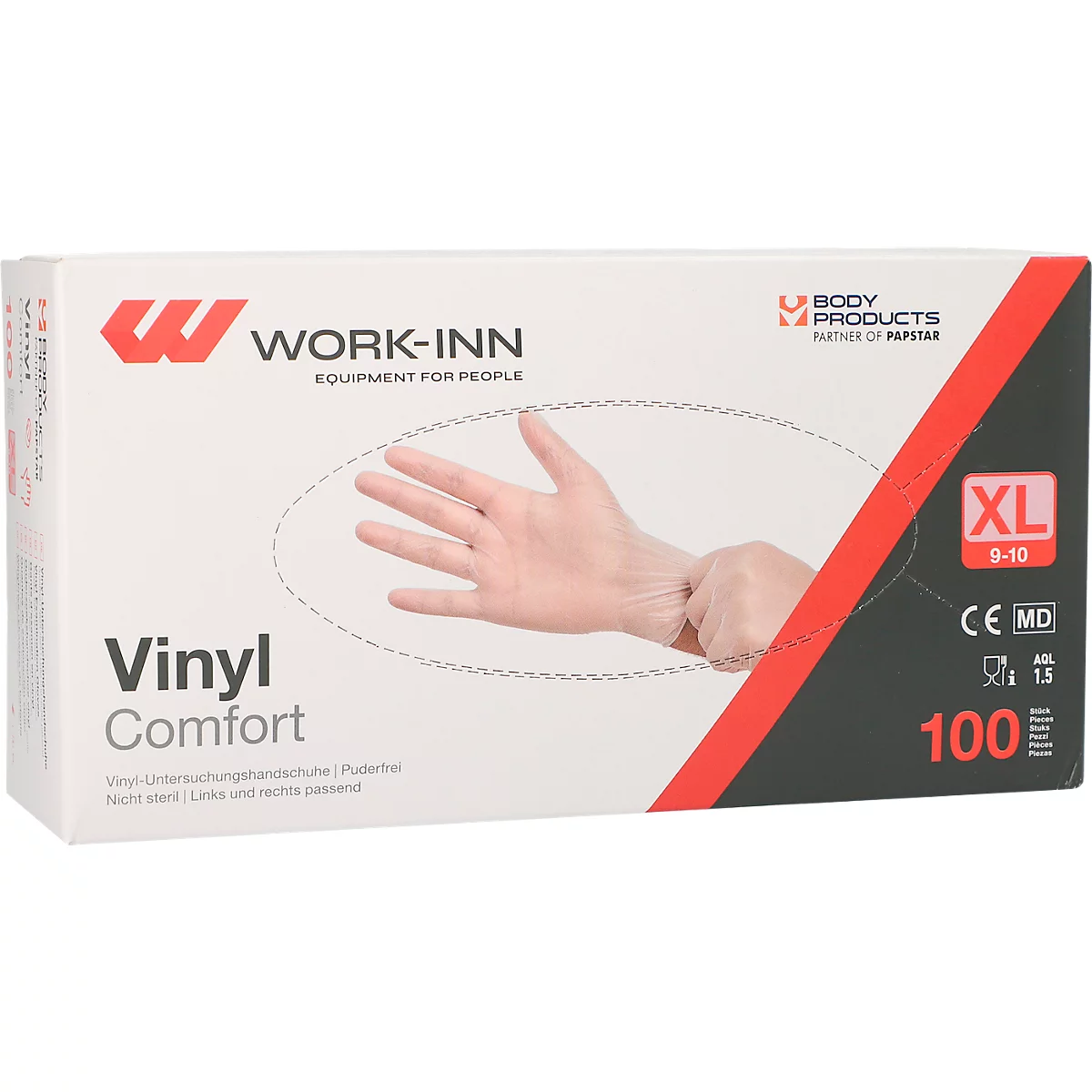Une boîte de gants en vinyle avec une main représentée. La boîte indique 'WORK-INN Vinyl Comfort'.