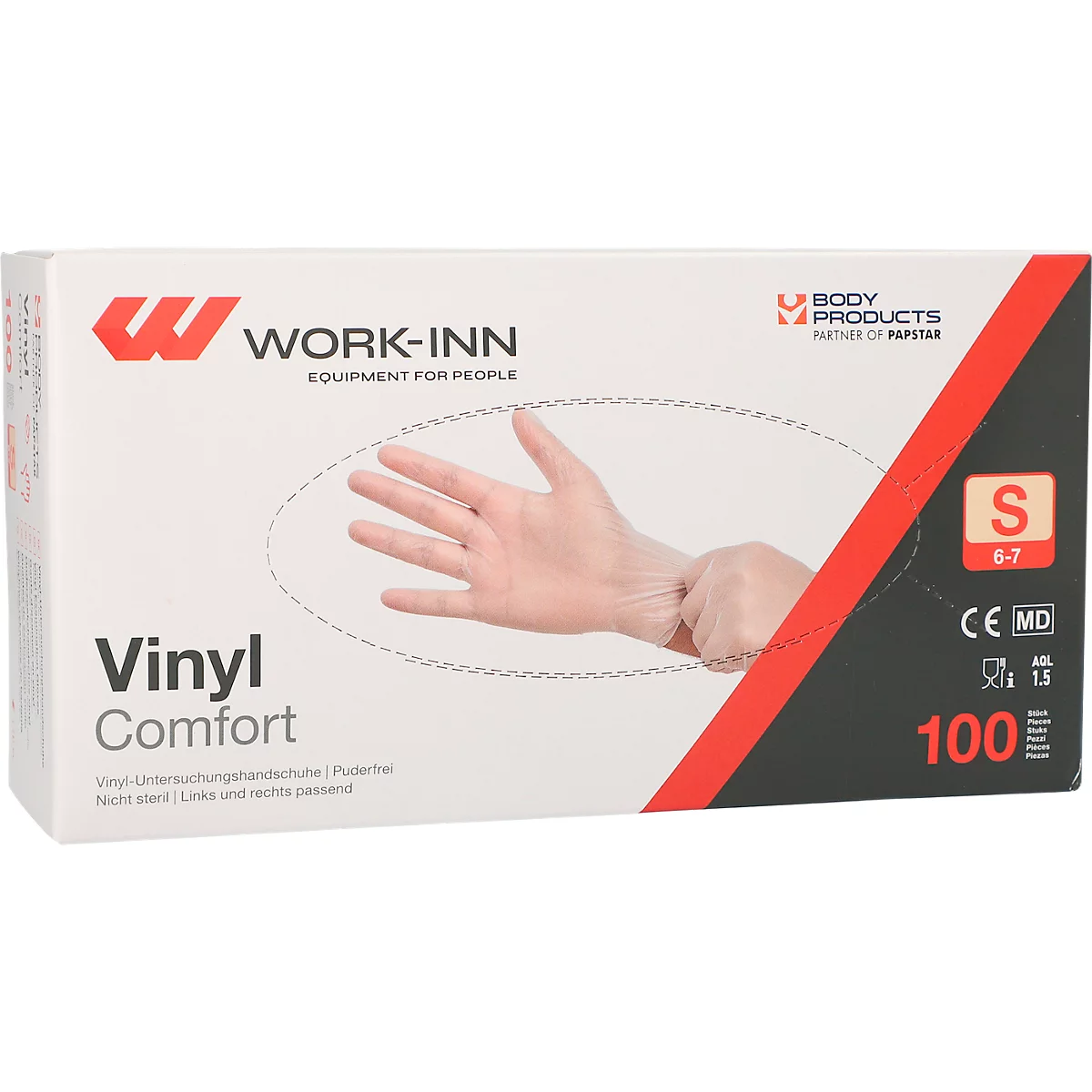 Une boîte de gants d'examen en vinyle, une main est montrée. Sur la boîte, on peut lire "Work-Inn", "Vinyl Comfort", "S 6-7", 100.