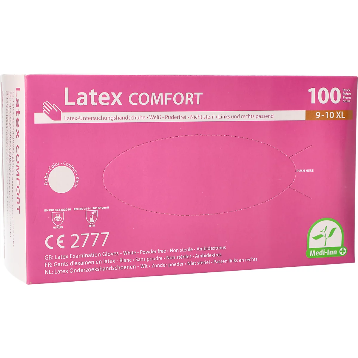 Gants jetables Medi-Inn® PS Latex Comfort, pour gauche et droite, non poudrés, non stériles, sécurité alimentaire, taille XL, latex naturel, blanc, 100 pièces