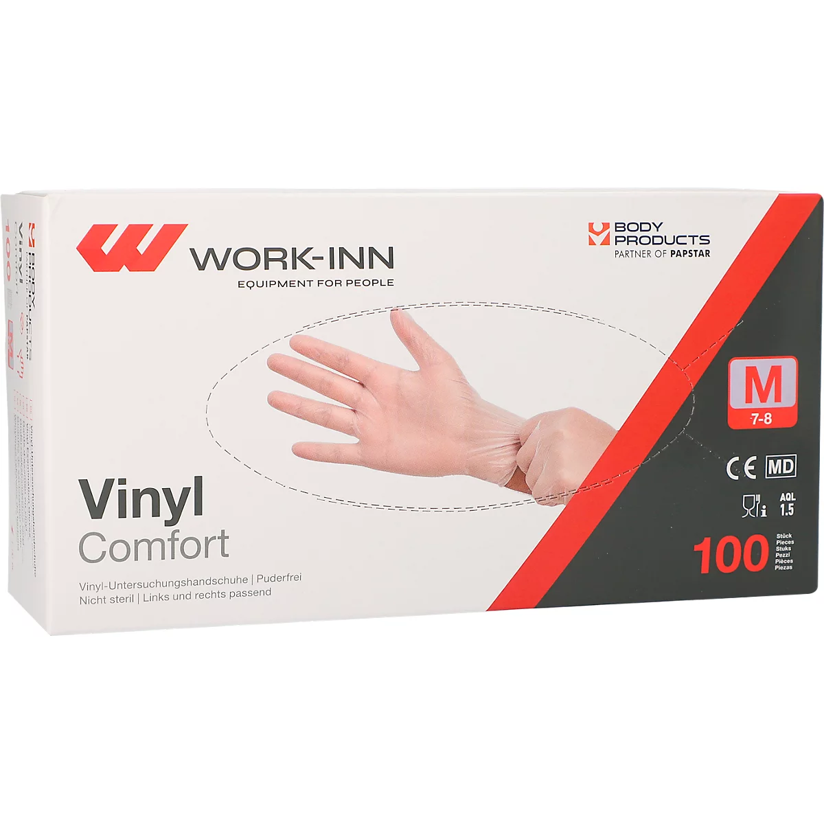 Gants jetables WORK-INN Comfort, vinyle, non poudrés, sans latex, transparents, taille M, 100 pièces