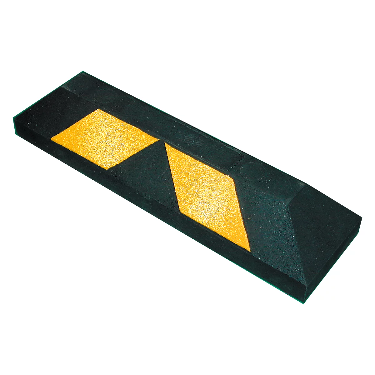 Black parking stop with two yellow diamonds. A practical accessory for parking areas.