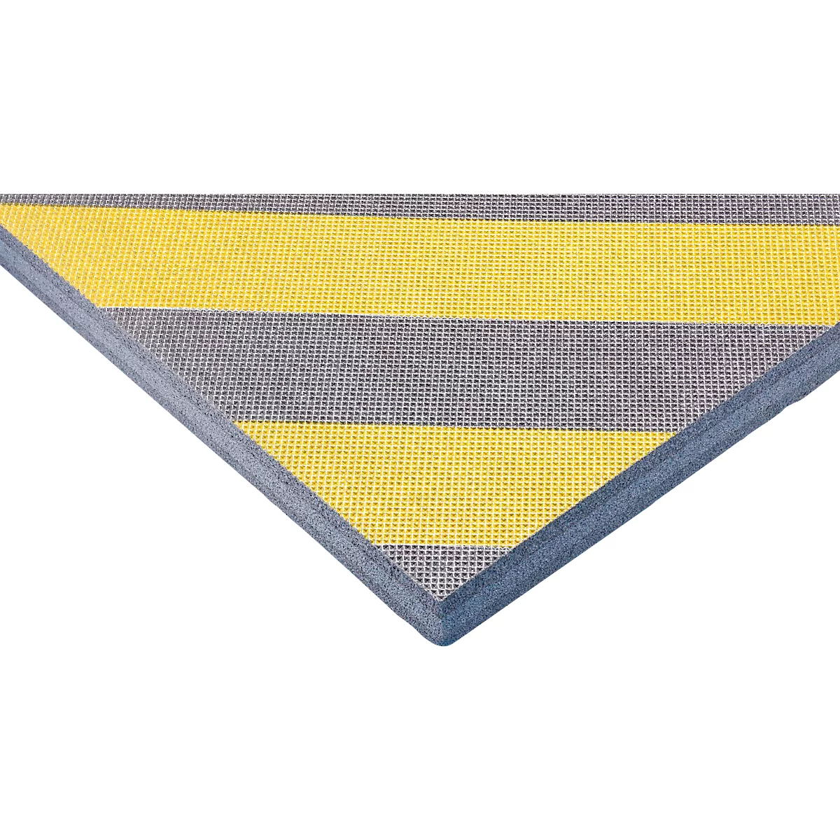 Close-up of a triangular mat with yellow and gray stripes. The mat has a blue border.