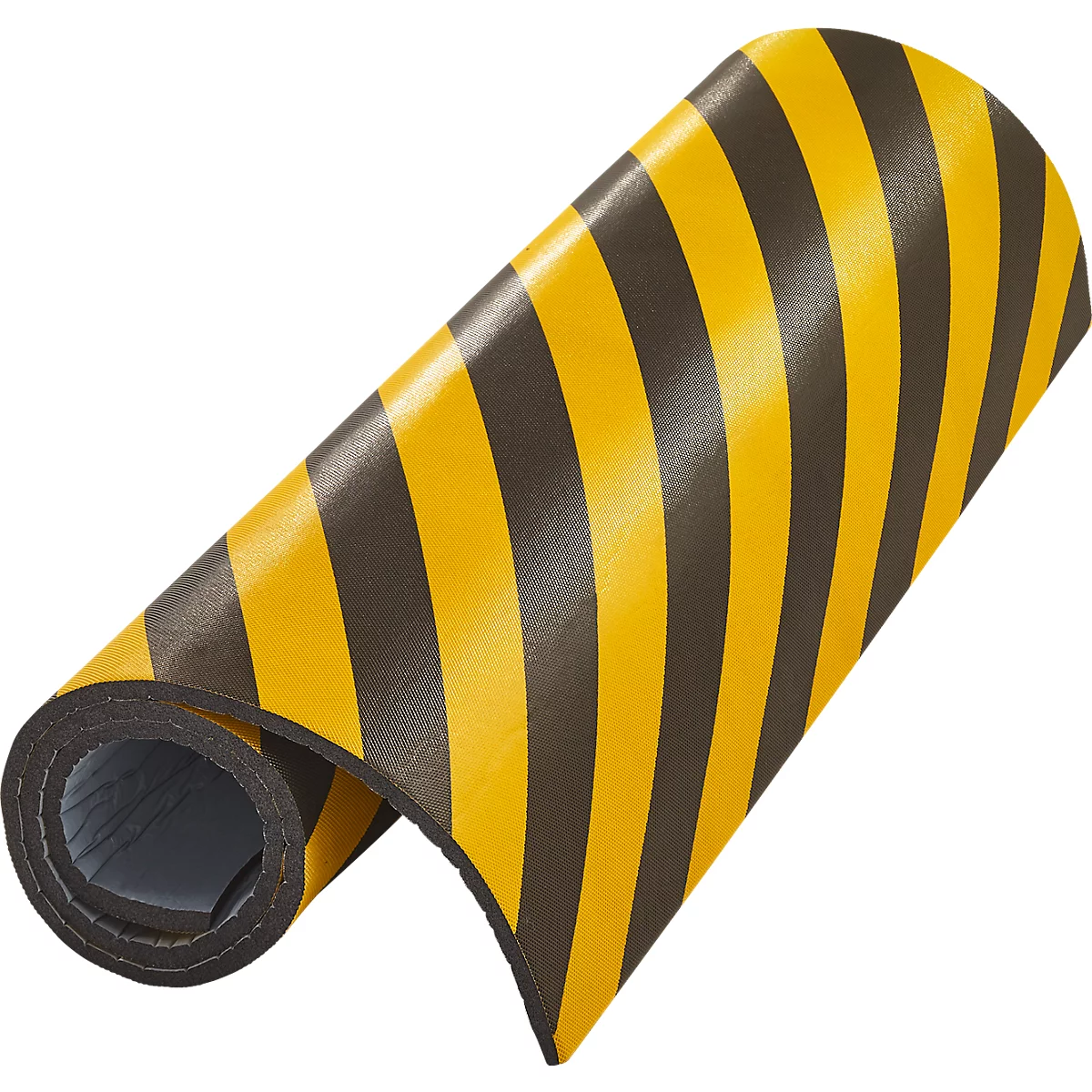 Rolled protective tape with yellow and black stripes. The edge is dark.