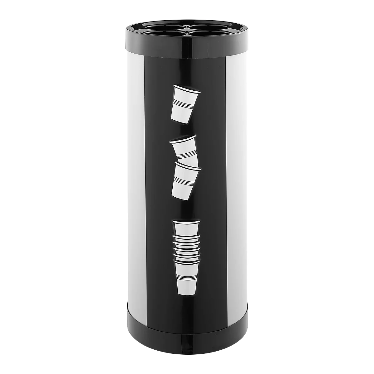 Cylinder with a black front that looks like a blackboard. White cups are depicted on it.