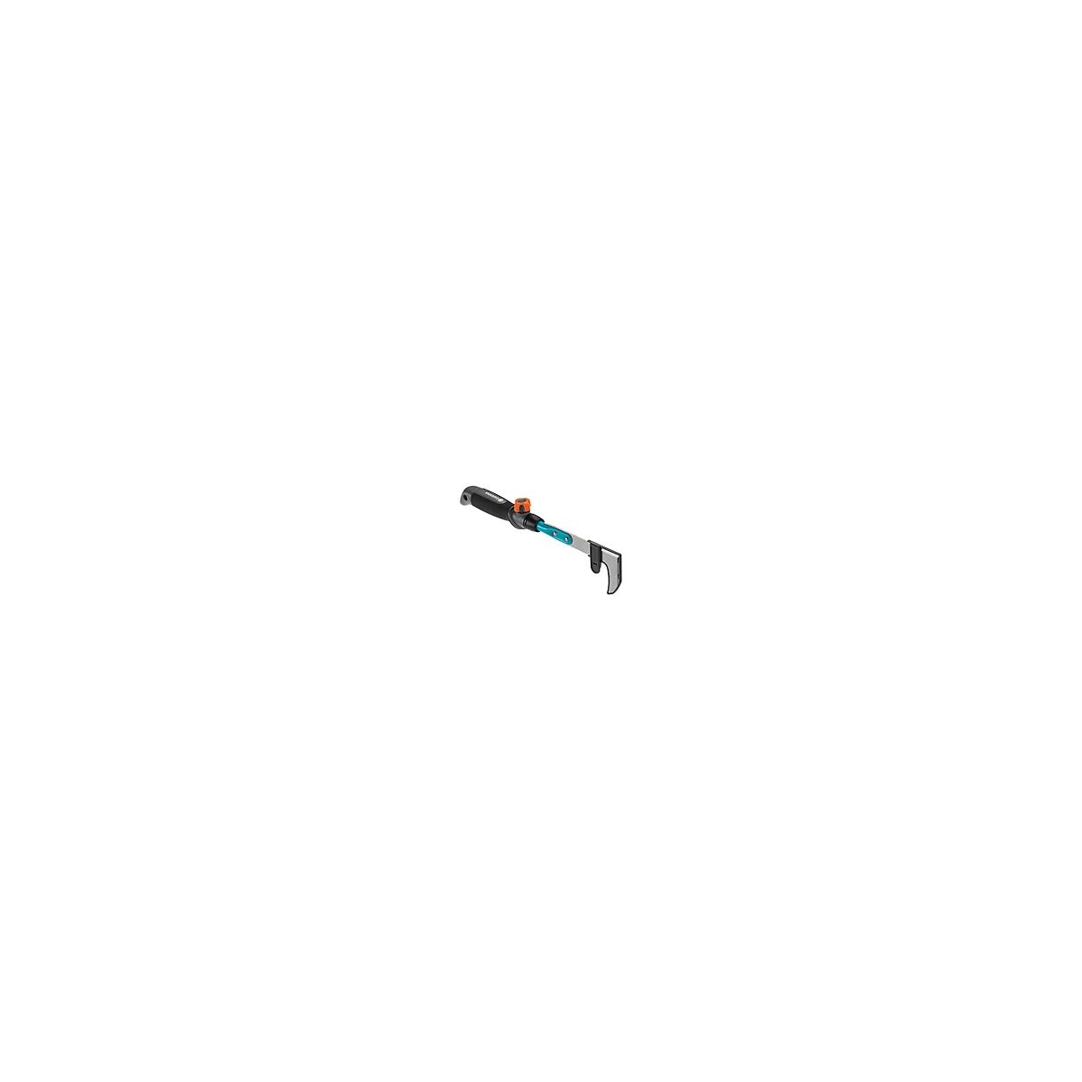 Gartengerät mit schwarzem Griff, türkisem Arm und silberner Klinge. Ein orangefarbener Drehknopf befindet sich am Kopf.