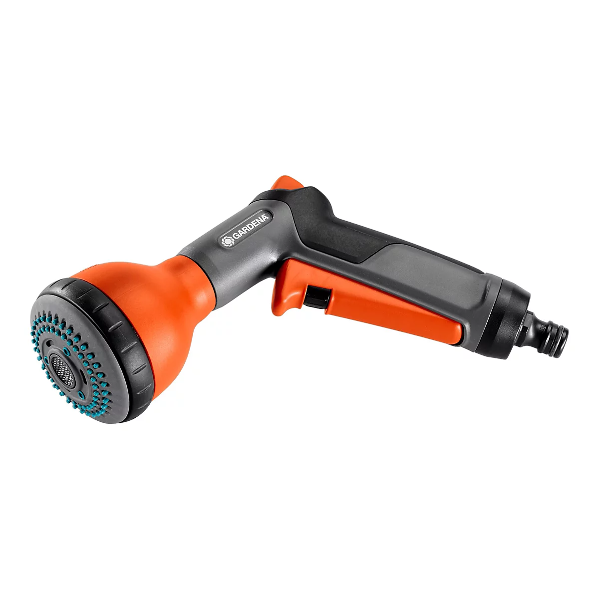 Gartenspritze in Orange und Grau auf weißem Hintergrund. Der Griff ist grau mit einer orangefarbenen Auslösetaste.