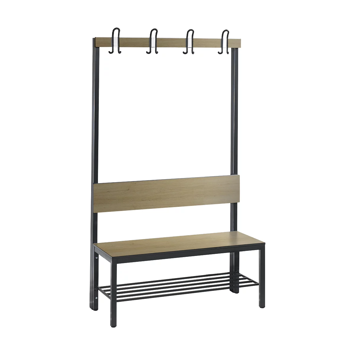 Garderobebank Basic Plus, 1-zijdig, rugleuning, met schoenenrek, onderstel zwartgrijs RAL 7021, B 1000 mm, decor eiken Ser.