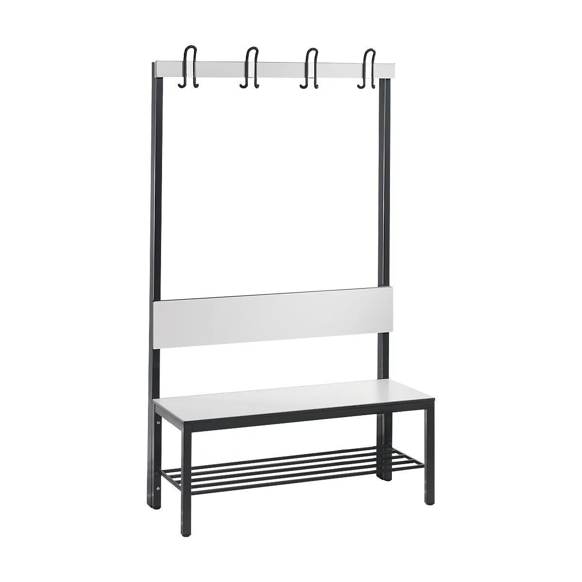 Garderobebank Basic Plus, 1-zijdig, rugleuning, met schoenenrek, onderstel zwartgrijs RAL 7021, B 1000 mm, decor wit