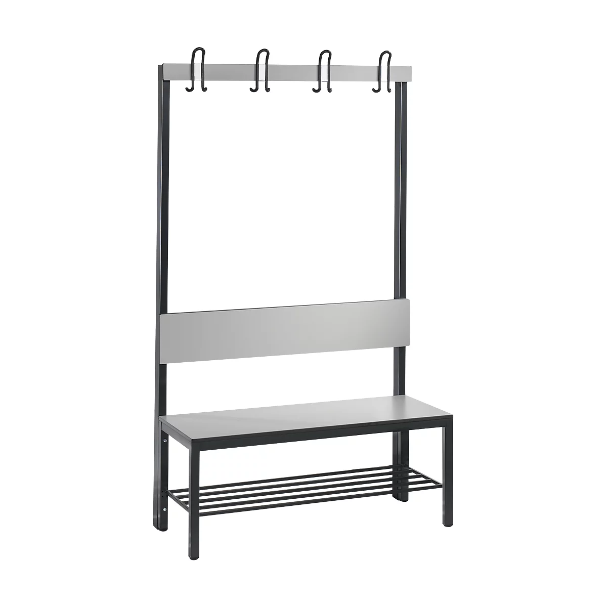 Garderobebank Basic Plus, 1-zijdig, rugleuning, met schoenenrek, onderstel zwartgrijs RAL 7021, B 1000 mm, decor zilvergrijs