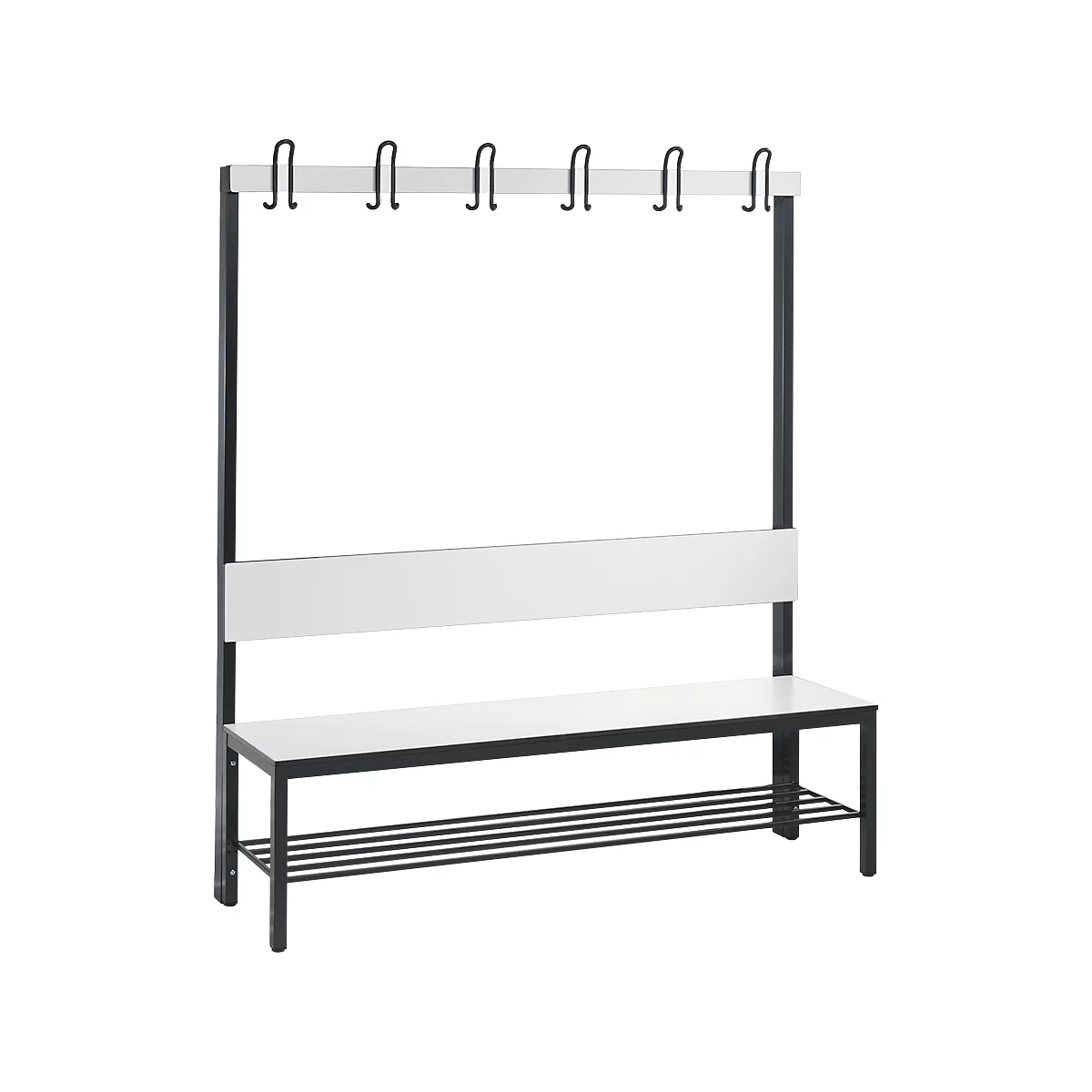 Garderobebank Basic Plus, 1-zijdig, rugleuning, met schoenenrek, onderstel zwartgrijs RAL 7021, B 1500 mm, decor wit