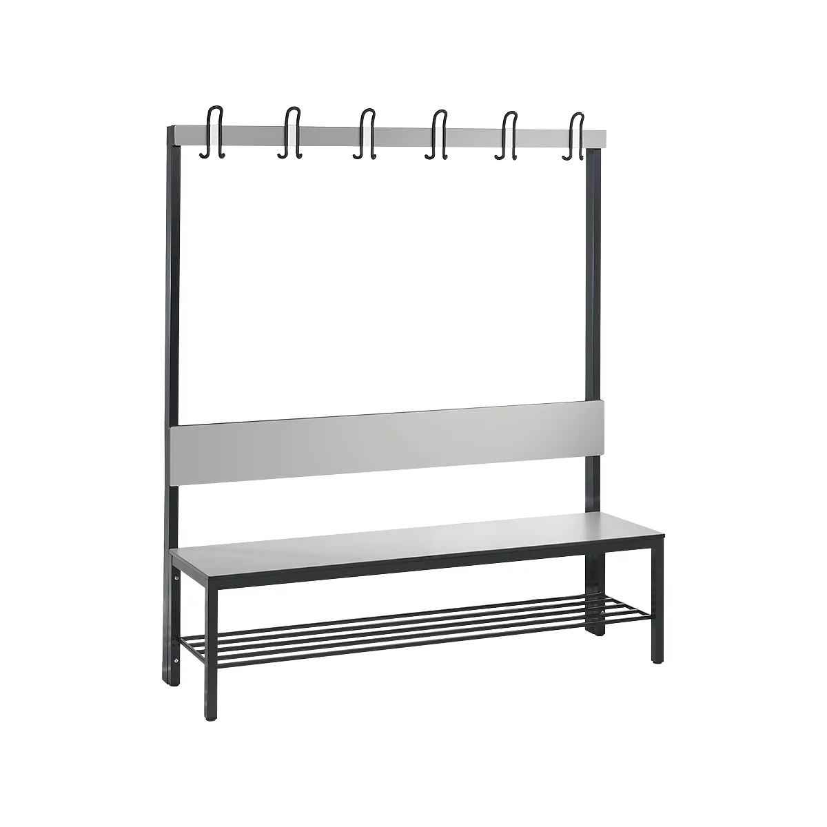 Garderobebank Basic Plus, 1-zijdig, rugleuning, met schoenenrek, onderstel zwartgrijs RAL 7021, B 1500 mm, decor zilvergrijs