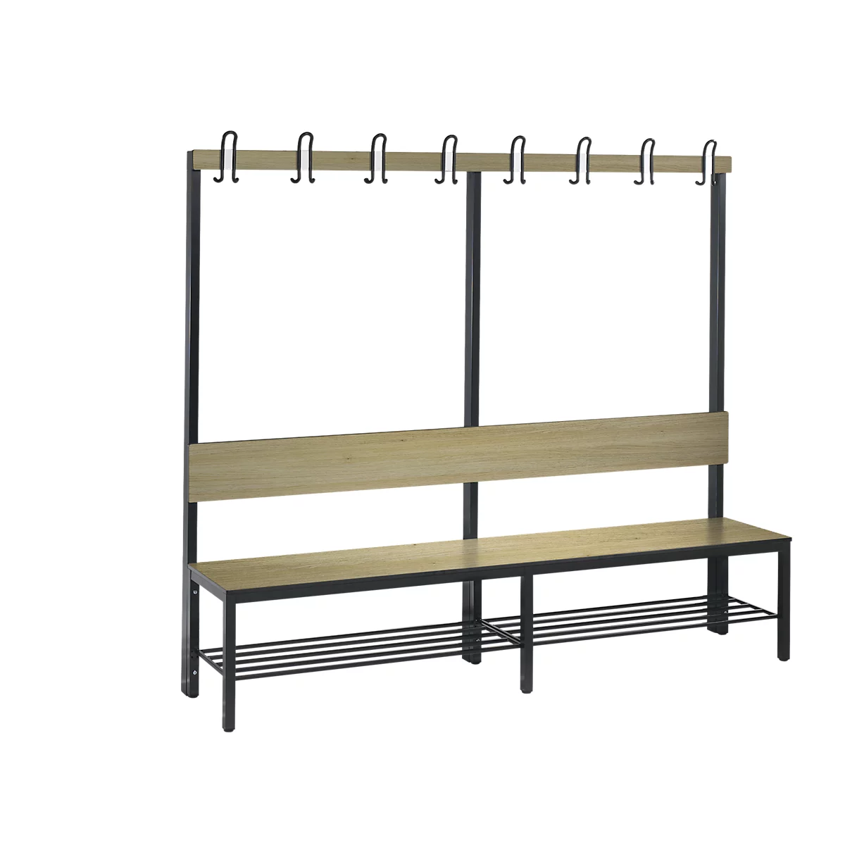 Garderobebank Basic Plus, 1-zijdig, rugleuning, met schoenenrek, onderstel zwartgrijs RAL 7021, B 1960 mm, decor eiken ser.