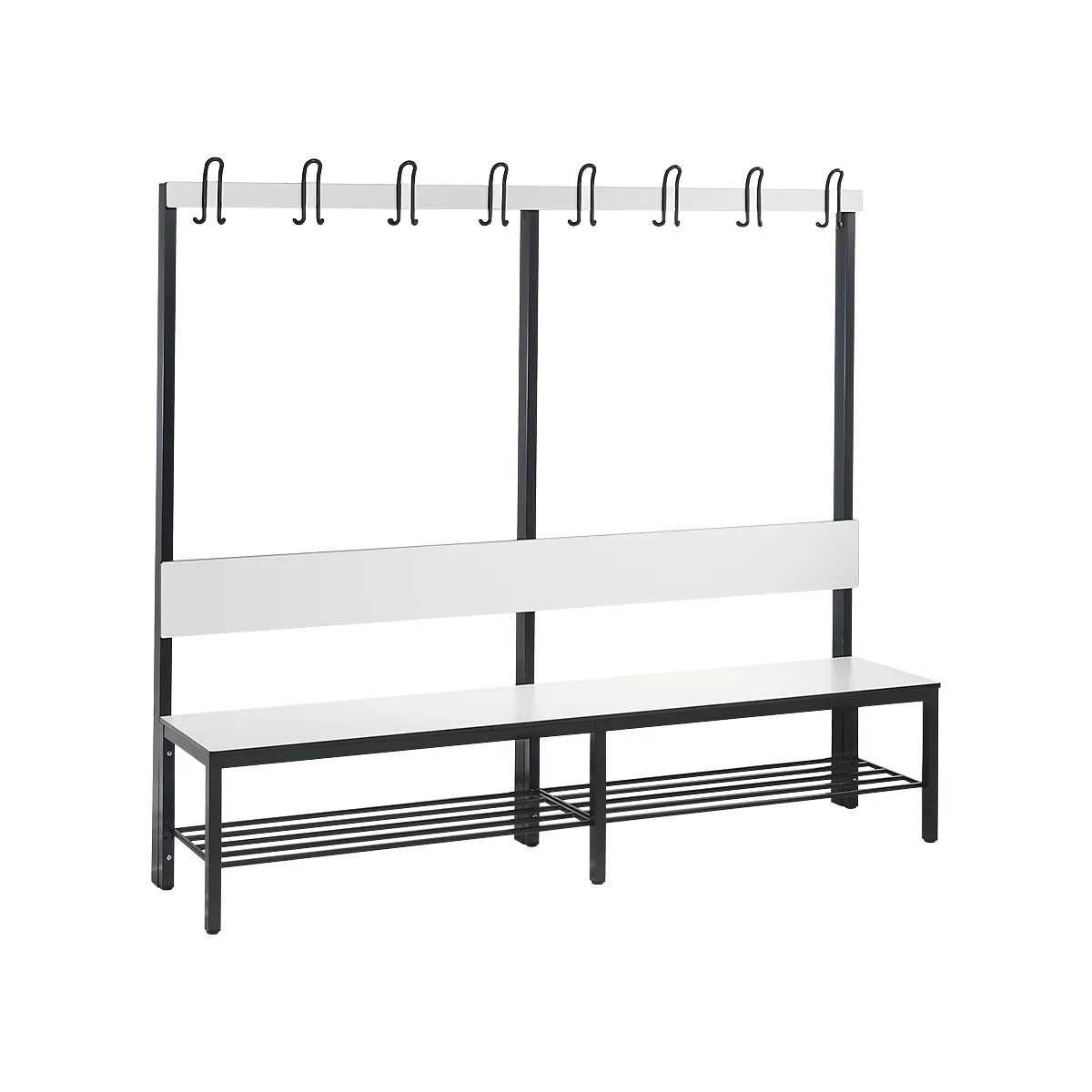 Garderobebank Basic Plus, 1-zijdig, rugleuning, met schoenenrek, onderstel zwartgrijs RAL 7021, B 1960 mm, decor wit
